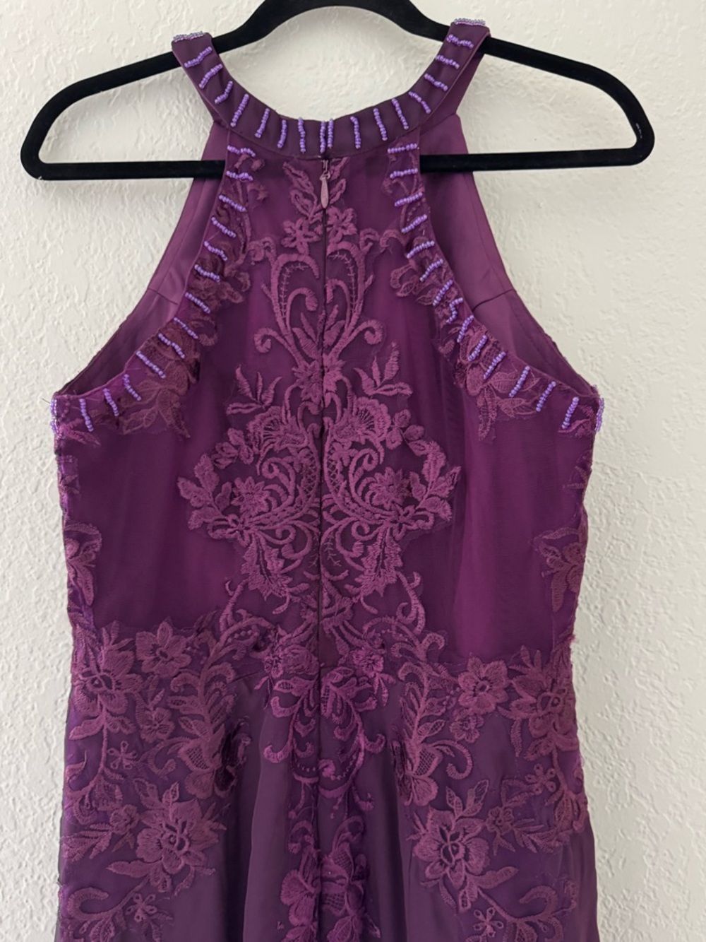 Plum Purple Lace Appliqué Beaded Halter Gown |  Formal Dress | Wedding Guest - Picture 10 of 13